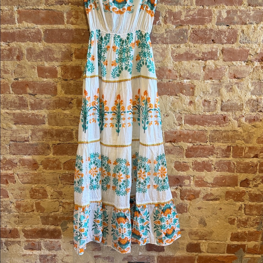 New with tags! CELINA MOON Floral Maxi Dress in White, Orange and turquoise - Picture 7 of 9